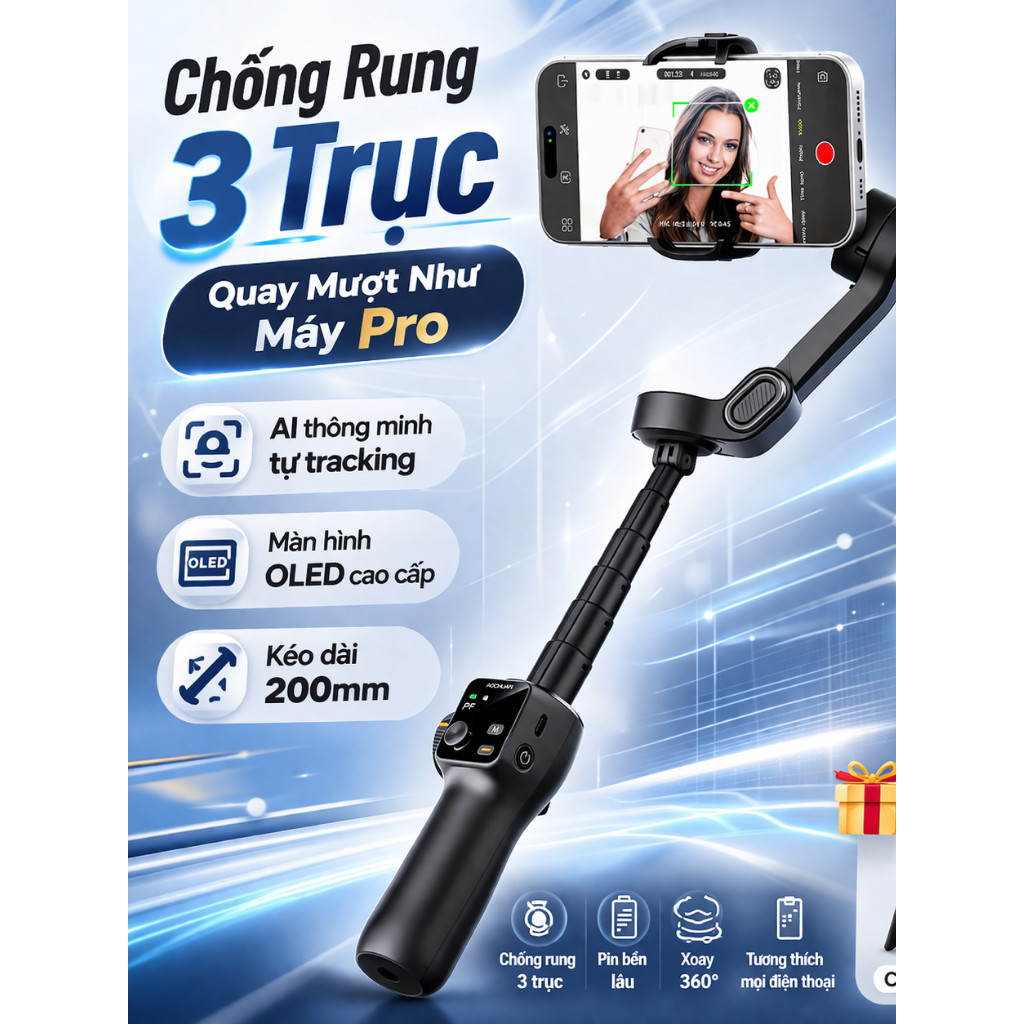 Gimbal 360 chống rung AOCHUAN Smart V8, Gimbal chống rung điện thoại 3 trục thế hệ mới 2025