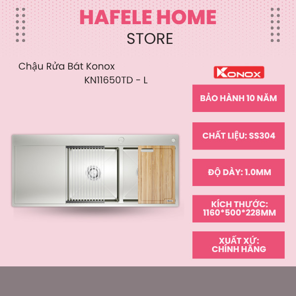 Chậu Rửa Bát Konox KN11650TD - 2 Hố Có Bàn Chờ - Rãnh Thoát Nước X-line - Thoát Nước Hiệu Quả