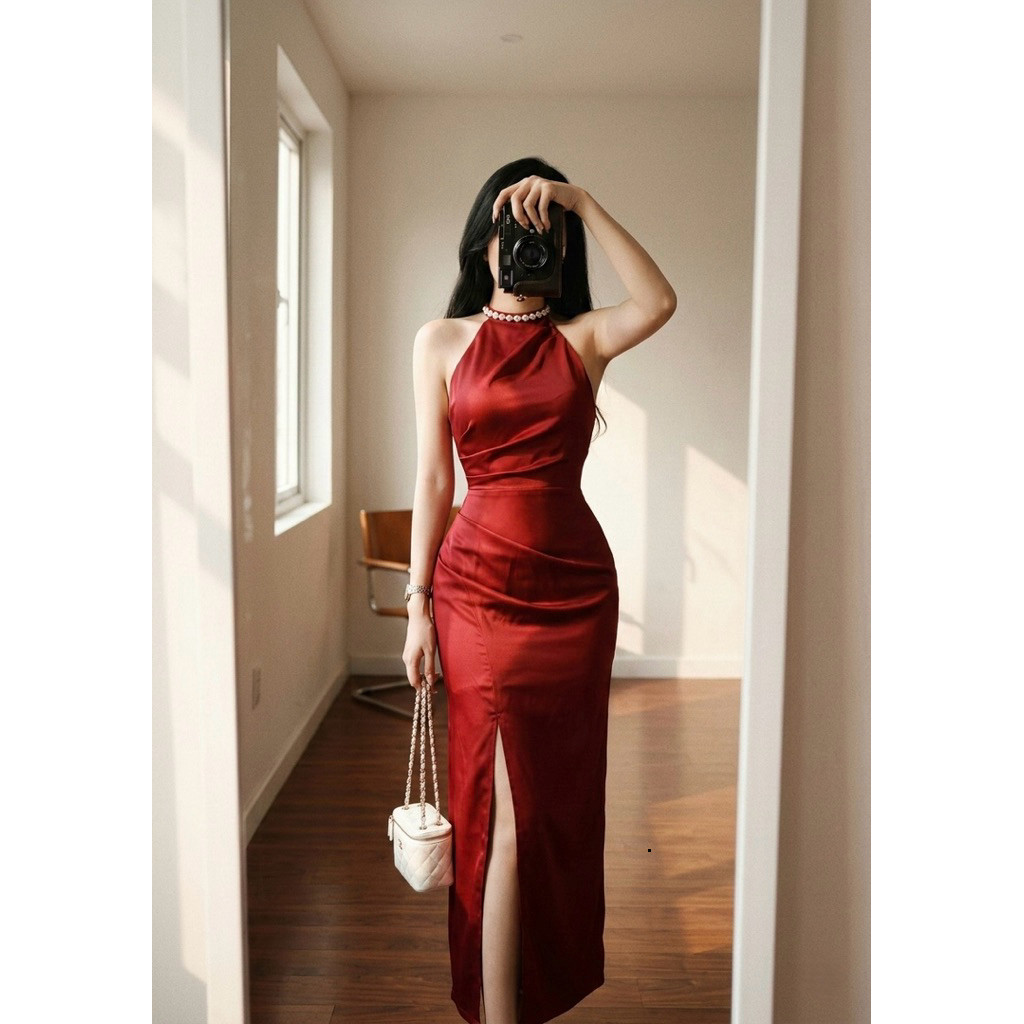 LUXI.STUDIO - DP3 ĐẦM PHI LỤA CỔ YẾM XẺ TÀ ĐI CHƠI, ĐI TIỆC, ĐẦM LỤA SANG CHẢNH