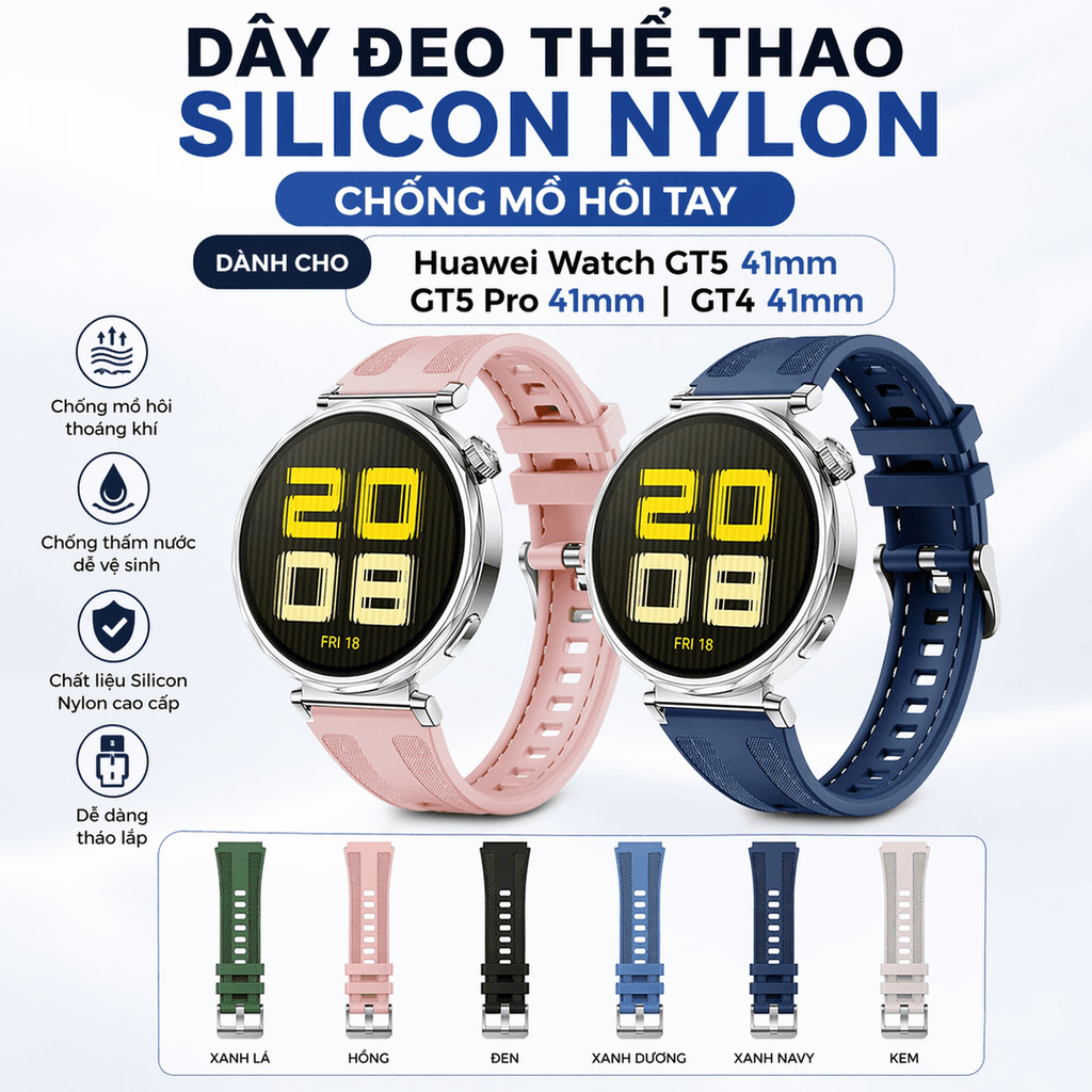 Dây đeo thể thao Silicon Nylon chống mồ hồi tay dành cho Huawei Watch GT5 41mm,GT5 Pro 41mm,GT4 41mm