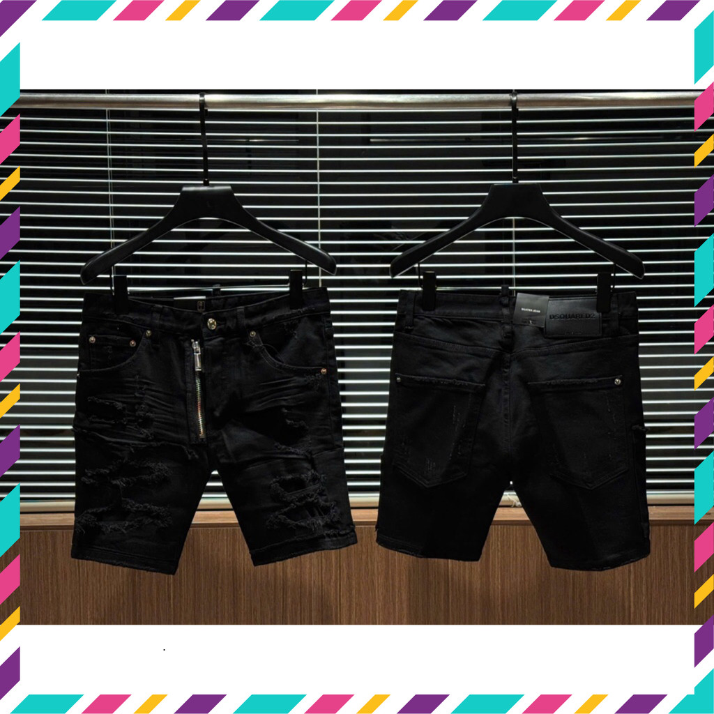 { ÔNG CHÚ AMIRI } Quần Jean Nam Short DSQ Đen Khoá Lệch Phong Cách Hiphop Trendy