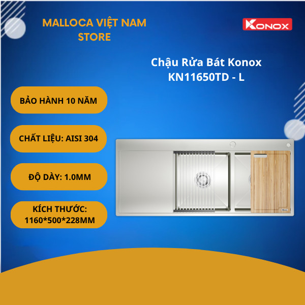 Chậu Rửa Bát Konox KN11650TD – Tích Hợp Bàn Chờ – Góc Lượn R15mm – Thiết Kế Hạ Bậc Độc Đáo