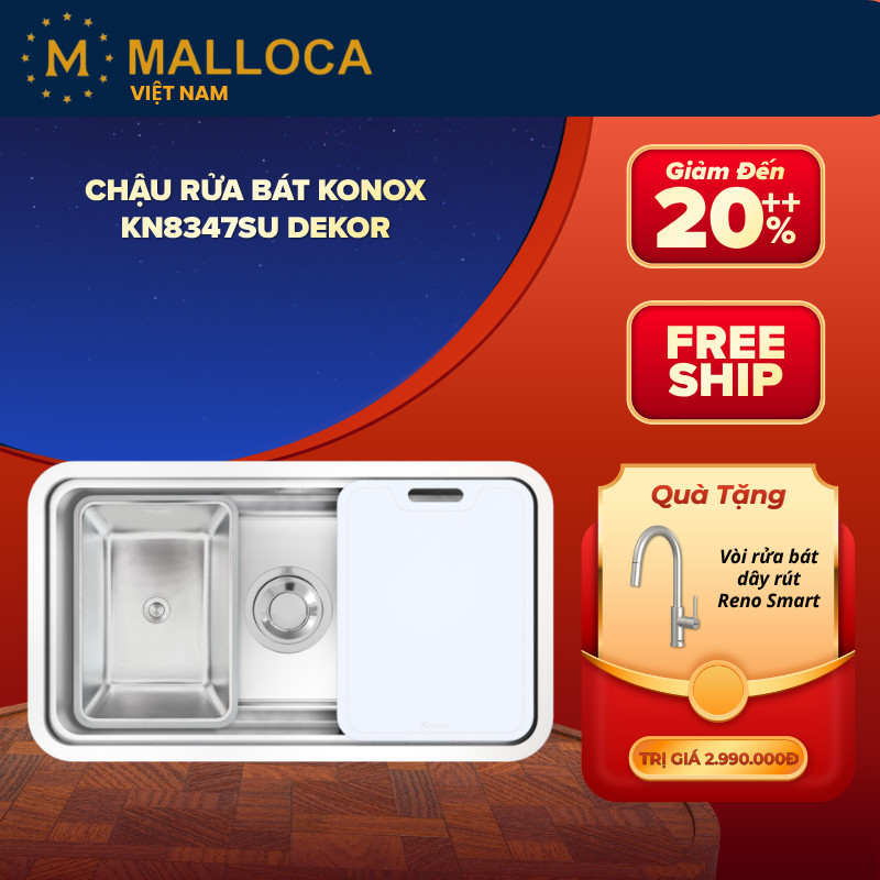 Chậu Rửa Bát Konox KN8347SU Dekor – Bát Rác Kích Thước Lớn 180.5mm – 3 Lớp Lọc Chống Tắc
