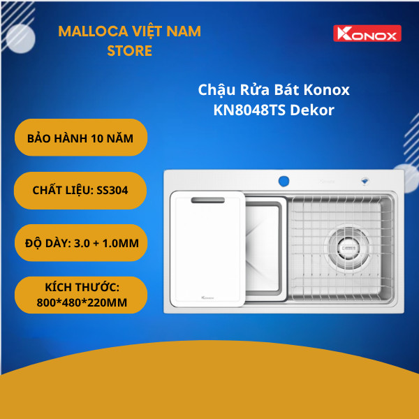 Chậu Rửa Bát Konox KN8048TS Dekor – Bát Rác Kích Thước Lớn 180.5mm – 3 Lớp Lọc Chống Tắc
