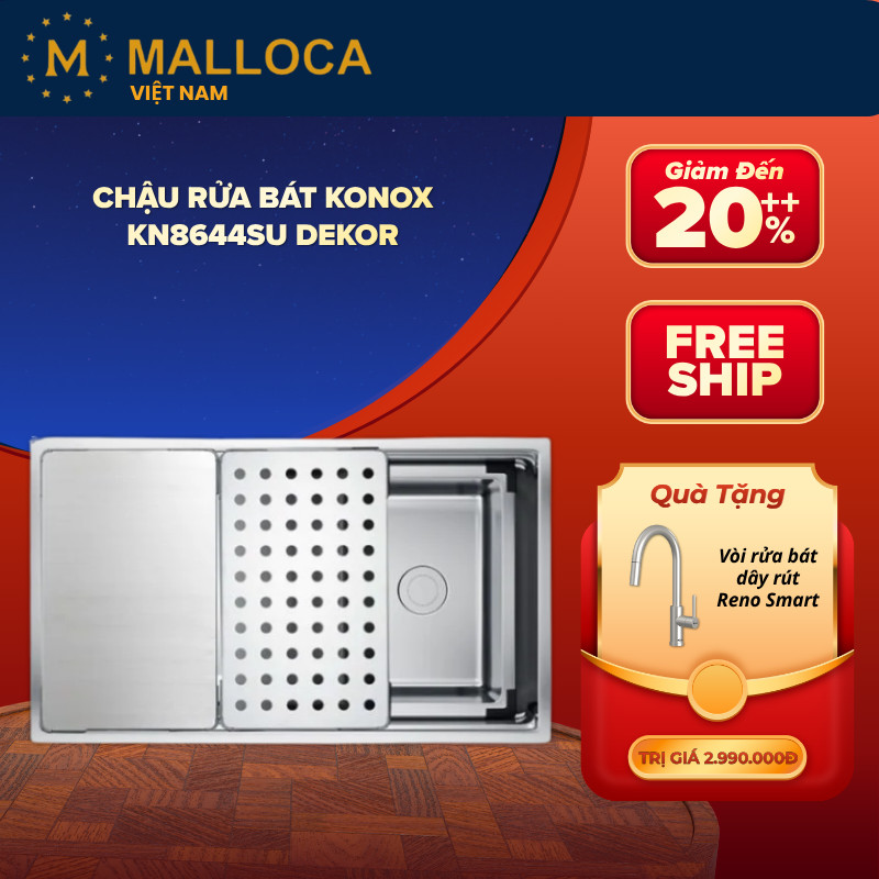 Chậu Bếp Konox KN8644SU Dekor – Inox 304 Sáng Bóng Bền Màu – Góc Lượn R25mm – Dễ Vệ Sinh