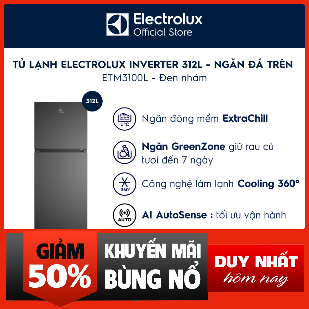 Tủ lạnh Electrolux AI ngăn đá trên 312L Series 700 Đen nhám ETM3100L-B - Ngăn đông mềm, AI Autosense