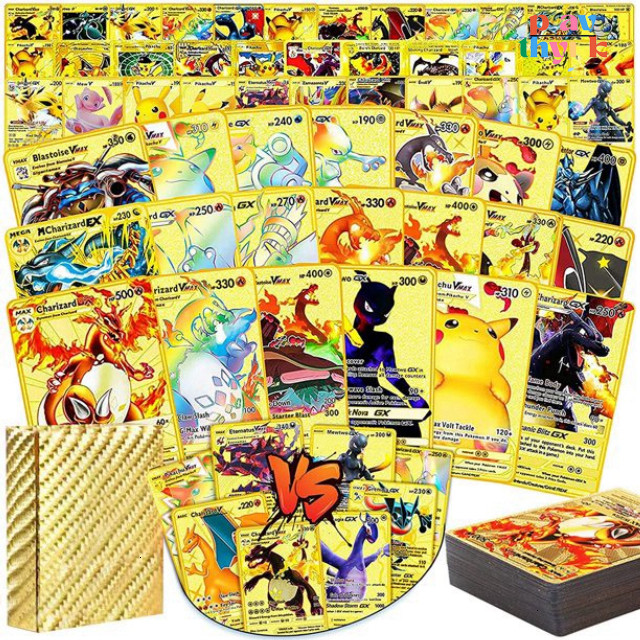 Hộp 55 Thẻ Bài Pokemon TCG Bóng Bộ Thẻ Kim Loại Vàng Bạc Đen Pokemon