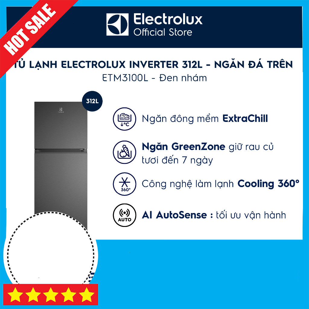 Sale Tủ lạnh Electrolux AI ngăn đá trên 312L Series 700 Đen nhám ETM3100L-B - Ngăn đông mềm, AI Auto