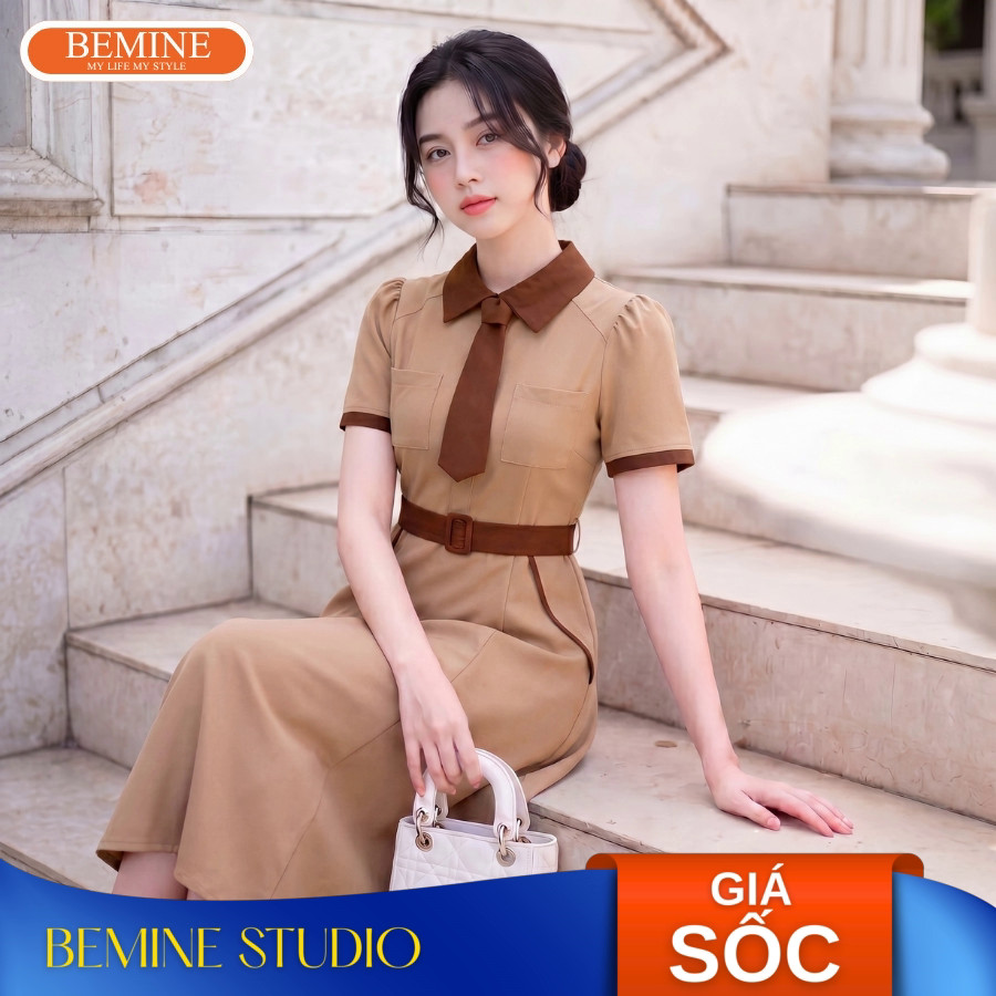 Đầm thiết kế BEMINE cổ đức phối cavat dáng chữ A phù hợp đi làm-B523