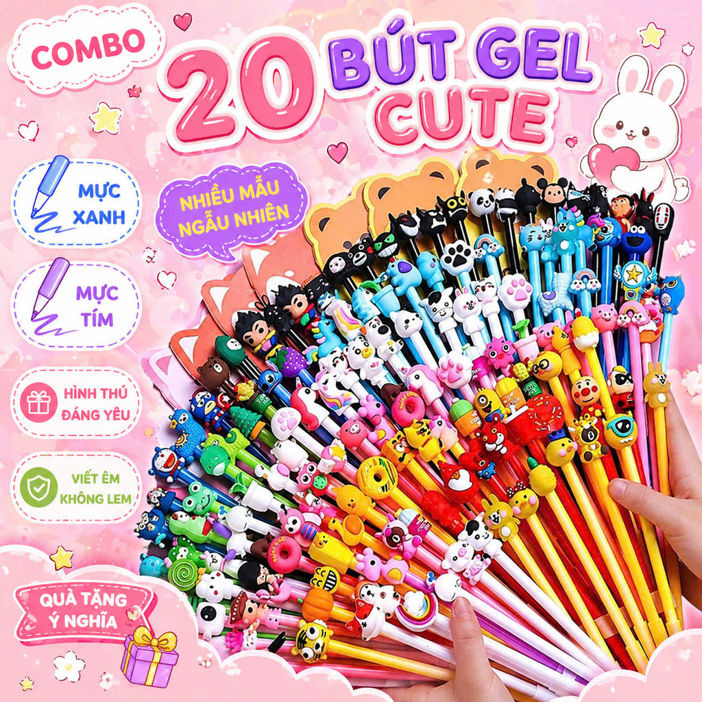 Combo 20 Bút gel nước đầu thú cute, mực xanh tím - Qùa tặng học sinh