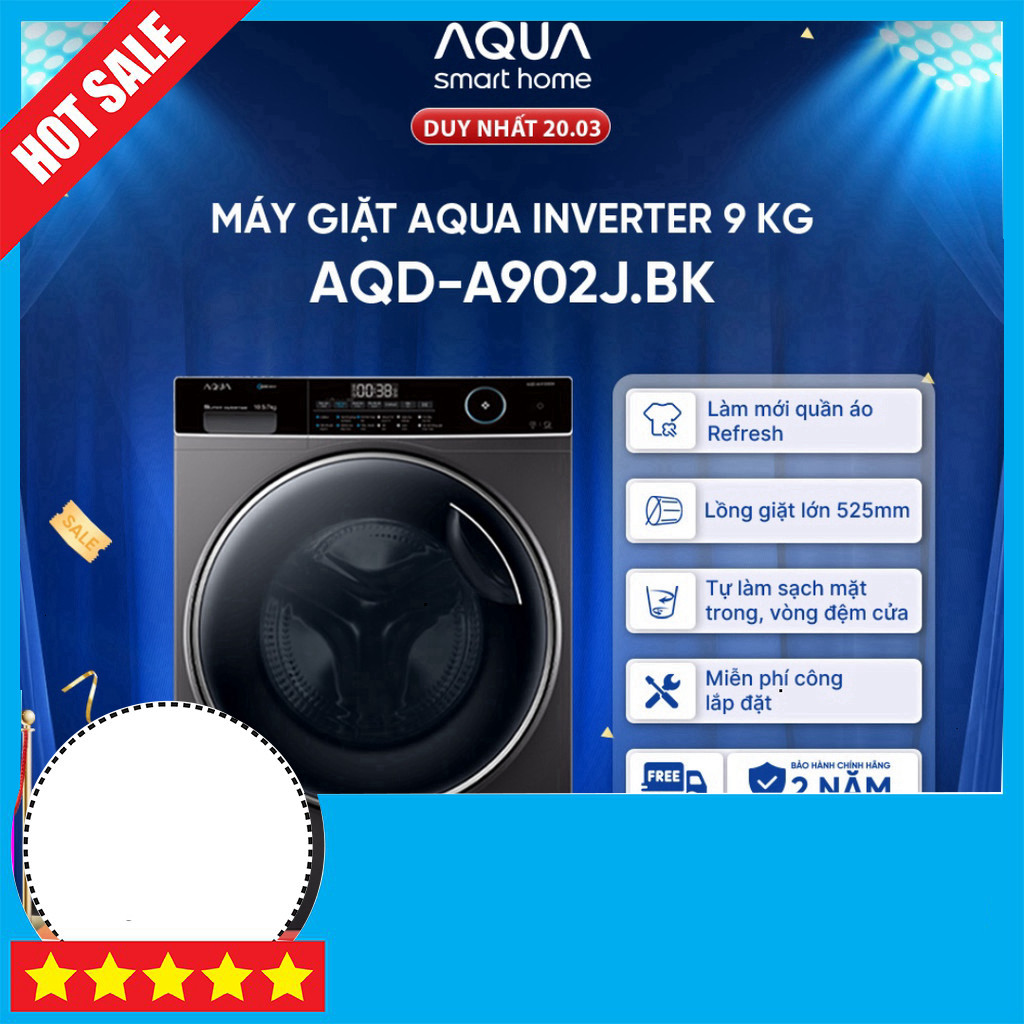 Khuyến mãi Máy giặt cửa trước AQUA AQD-A902J 9kg - Bảo hành 2 năm, freeship toàn quốc Miễn phí lắp đ