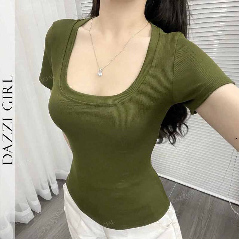Áo Thun Nữ Cổ Vuông DAZZI BRAND - Babytee Gân Tăm - Ao Om Body Chiết Eo áo phông chất đẹp (ưu đãi fr