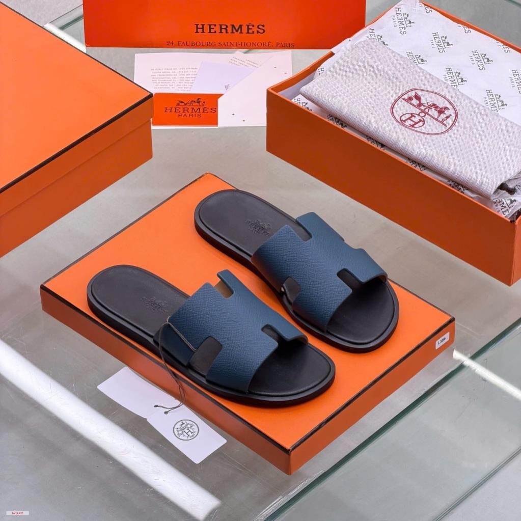[Tặng Kèm Hộp] Dép HM Oran Sandal Da Xanh Navy Đế Đen