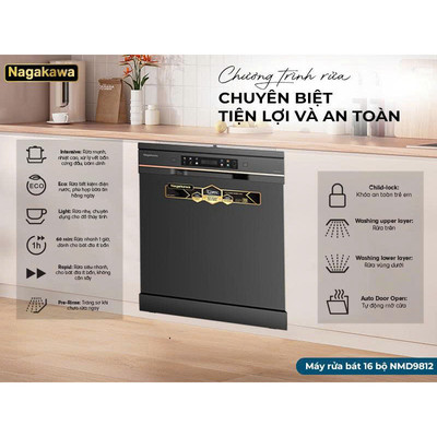 [CHÍNH HÃNG] Máy Rửa Bát 16 Bộ Nagakawa NMD9811 – Sấy PTC Double Fan, Triple Wash 3 Giàn, Rửa Sạch Khô Nhanh, Bảo hành 2