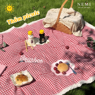 Thảm Picnic Dã Ngoại Nemi Vải Canvas Vintage – Thảm Cắm Trại, Trải Cỏ, Chụp Ảnh Viền Ren Xinh