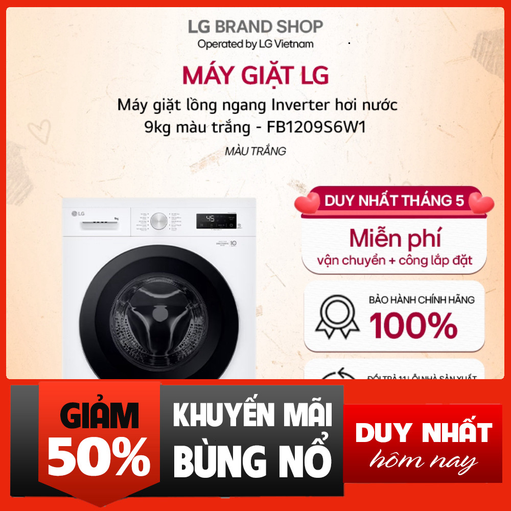 Máy giặt lồng ngang Inverter 9kg hơi nước màu trắng FB1209S6W1