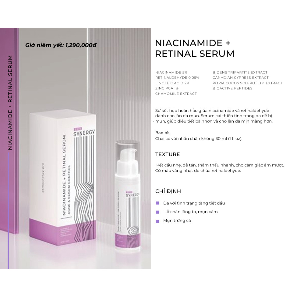 (Công ty) Serum Skin Synergy Niacinamide + Retinal giúp kiểm soát dầu, hỗ trợ giảm mụn 30ml