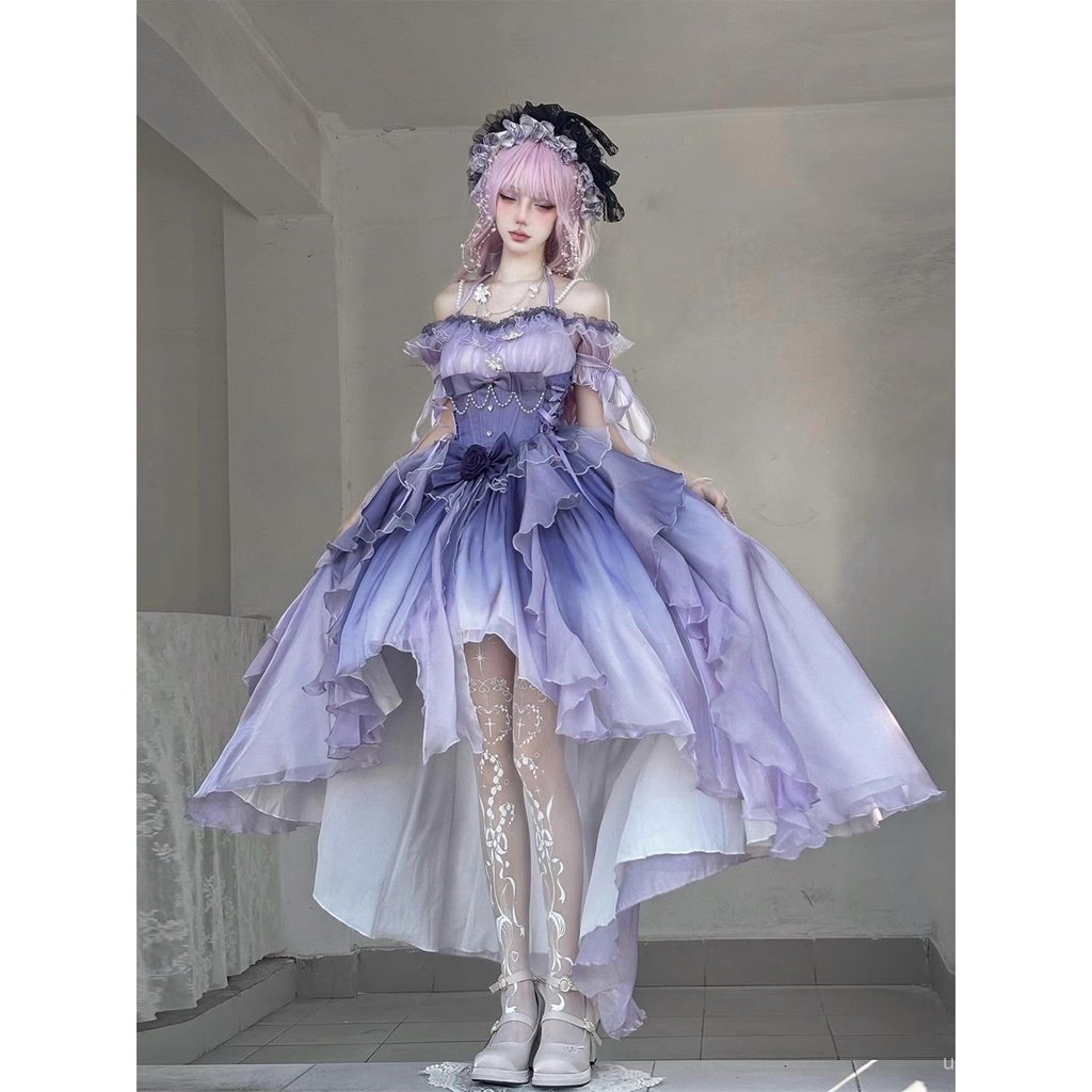 Màu tím chuyển sắc và thanh lịch lolita Váy dây, váy hoa, phong cách Lolita, váy công chúa ngắn trướ
