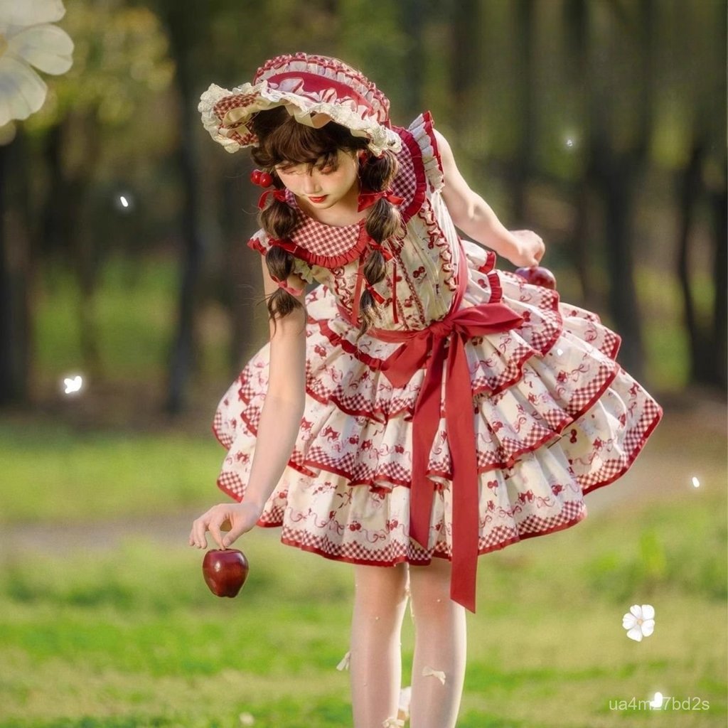 Những quả anh đào đã chín. lolita Bộ váy Lolita hai mảnh, phong cách đồng quê dễ thương, váy đỏ ngọt