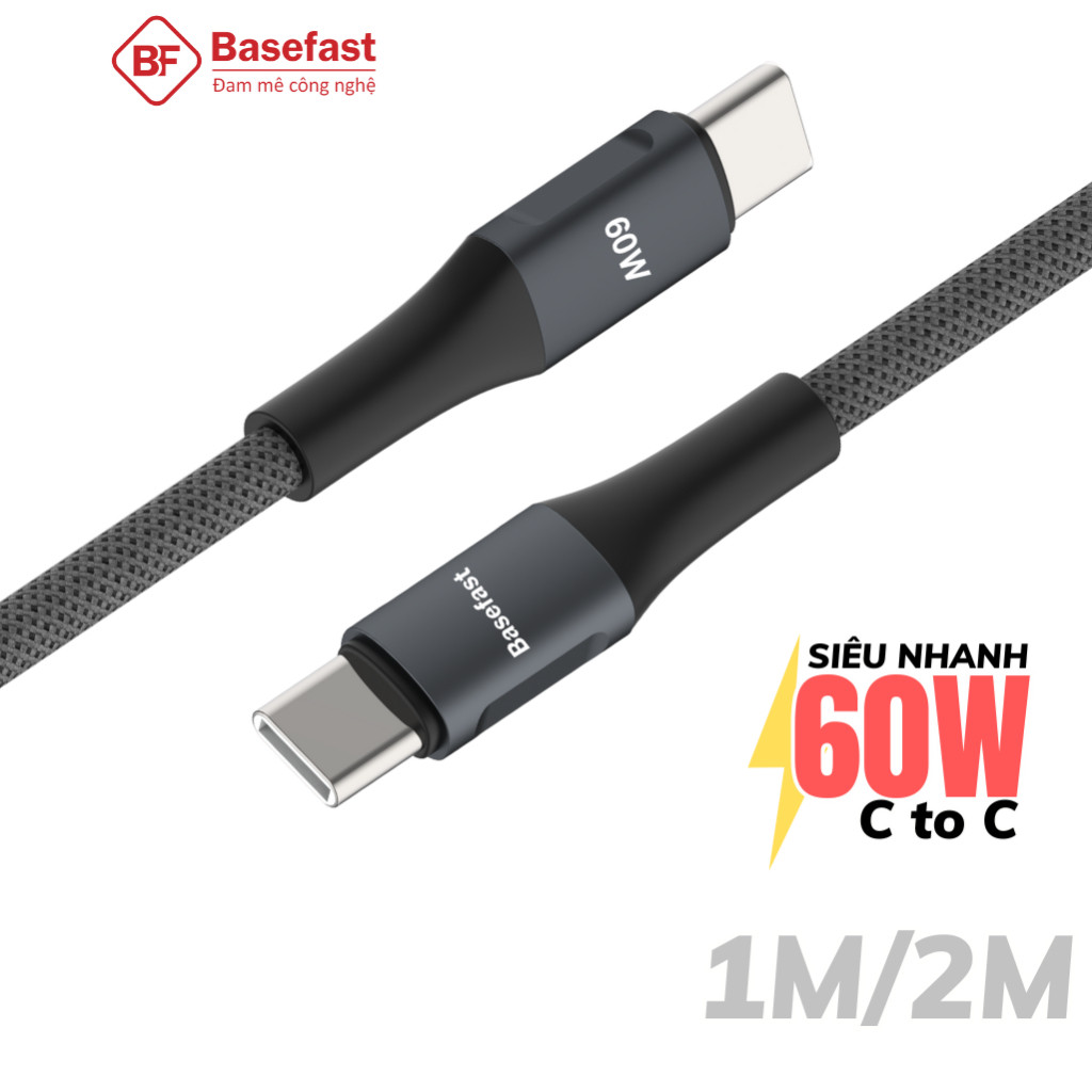 Cáp sạc nhanh Type C - 60W Basefast dây dù C to C dài 1m / 2m dùng cho Phone 15 16 samsung xiaomi ..