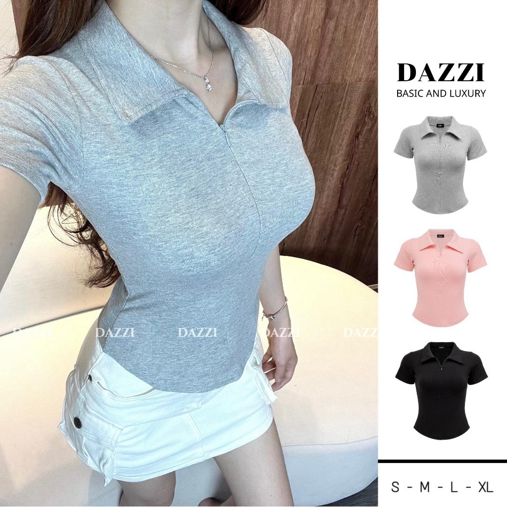 [MÀU MỚI 2026] Áo thun nữ cổ bẻ phối dây kéo DAZZI , áo polo nữ ôm dáng vải cotton mịn DAZZI A022