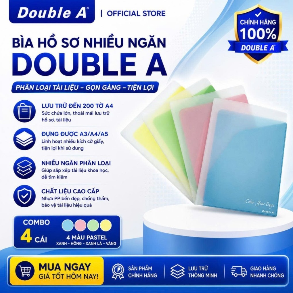 Combo 4 Bìa hồ sơ Nhiều Ngăn Double A, Lưu được 200 tờ A4 - Lưu được tài liệu khổ A3 - A4 - A5