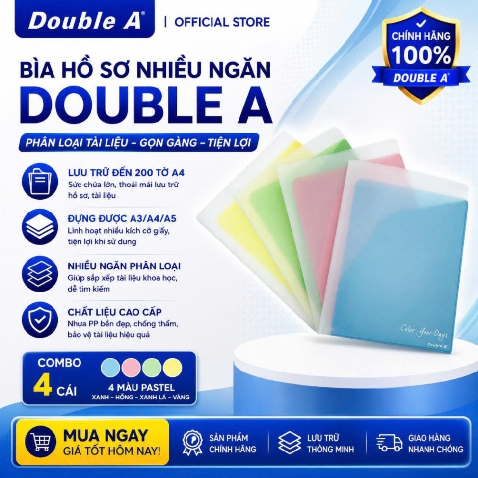 Combo 4 Bìa hồ sơ Nhiều Ngăn Double A, Lưu được 200 tờ A4 - Lưu được tài liệu khổ A3 - A4 - A5