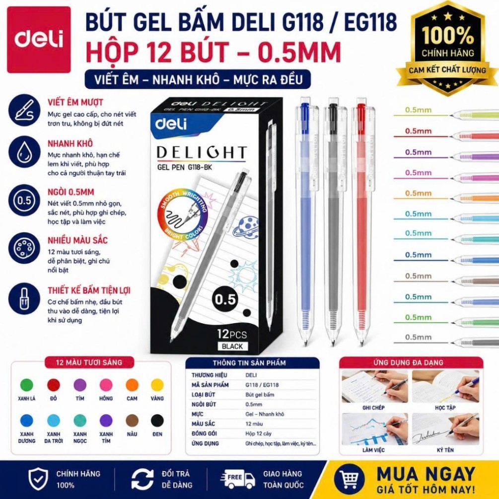Hộp 12 Bút Gel Bấm Deli G118 / EG118 Chính Hãng – Bút Gel 0.5mm Nhanh Khô, Viết Êm Mượt