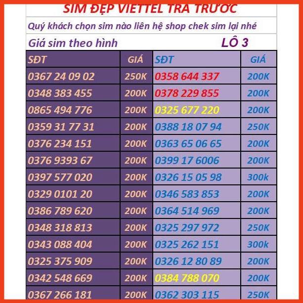 SIM VIETTEL SỐ ĐẸP -SIM PHONG THỦY - ĐĂNG KÝ ĐƯỢC CHÍNH CHỦ-LÔ 2