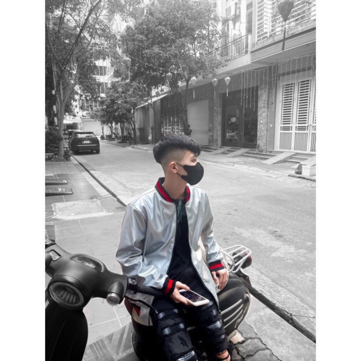 Áo Khoác Bomber Da Phôi Viền Đỏ cao cấp Áo Khoác Da Bạc Đen Trắng Phong Cách Nam Nữ Tay Dài Menswear