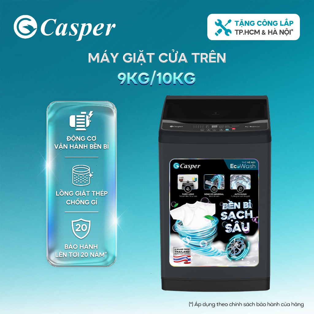 (Miễn Phí giao hàng) Máy giặt cửa trên Casper 9KG/ 10KG Đen/ Ghi - WT-9NB3 | WT-10NB3 | WT-E10NGR21 
