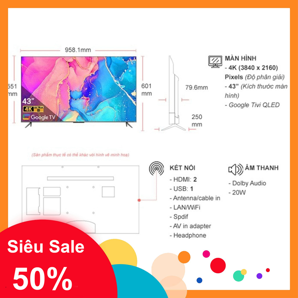 ib nhận mã_ Google Tivi QLED TCL 4K 43 inch 43C635 model 2022  Điện Máy Kho Rẻ _hàng chính hãng, mới