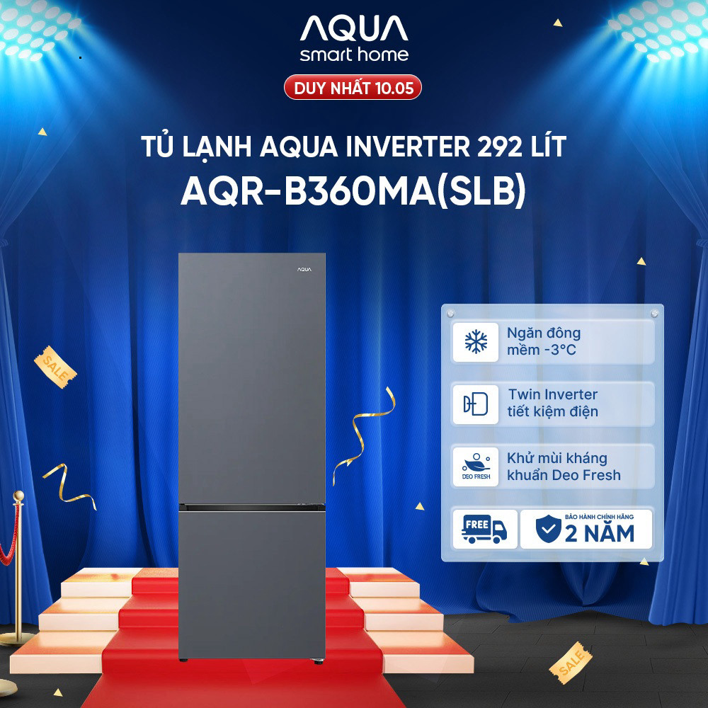 (Miễn Phí giao hàng) Freeship toàn quốc - Tủ lạnh ngăn đông dưới Aqua 292L AQR-B360MA(SLB) - Bảo hàn
