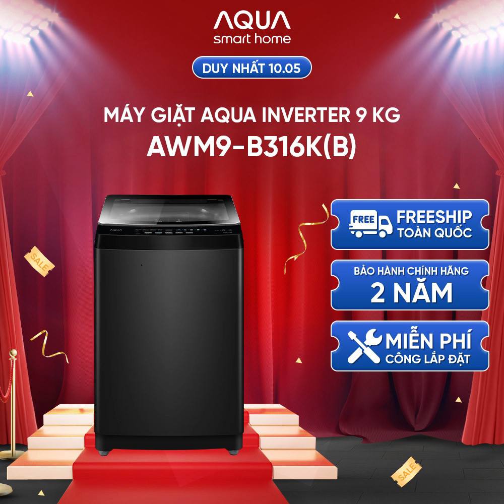 (Miễn Phí giao hàng) [SALE SỐC] Máy giặt cửa trên AQUA Inverter 9 kg AWM9-B316K(B) - Freeship toàn q