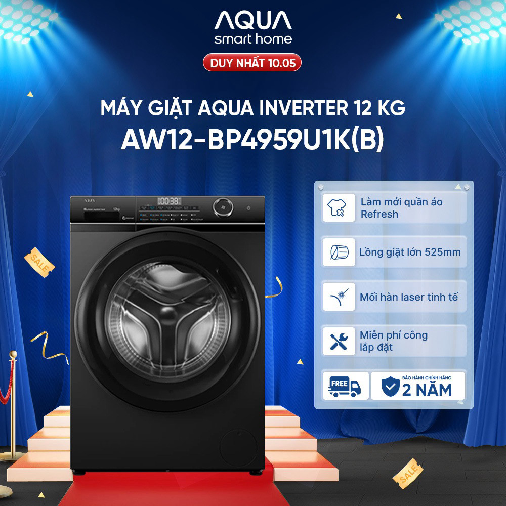 (Miễn Phí giao hàng) Máy giặt Aqua Inverter 12 kg AW12-BP4959U1K(B) - Bảo hành 2 năm - Hỗ trợ lắp đặ