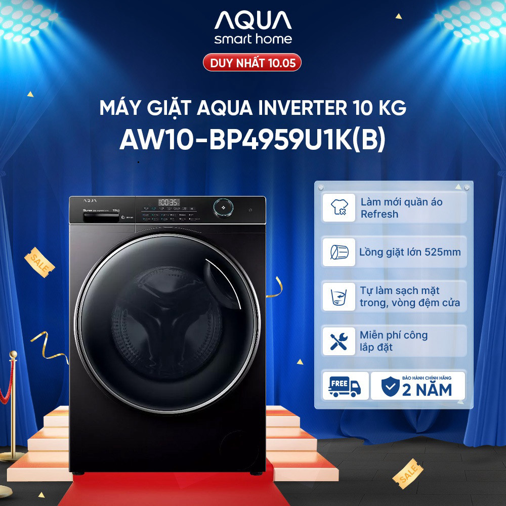 (Miễn Phí giao hàng) Máy giặt Aqua Inverter 10 kg AW10-BP4959U1K(B) - Máy giặt cửa trước - Bảo hành 