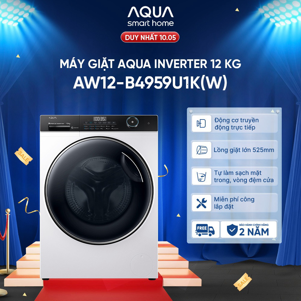 (Miễn Phí giao hàng) Máy giặt lồng ngang Aqua Inverter 12kg AW12-B4959U1K(W) - Freeship toàn quốc