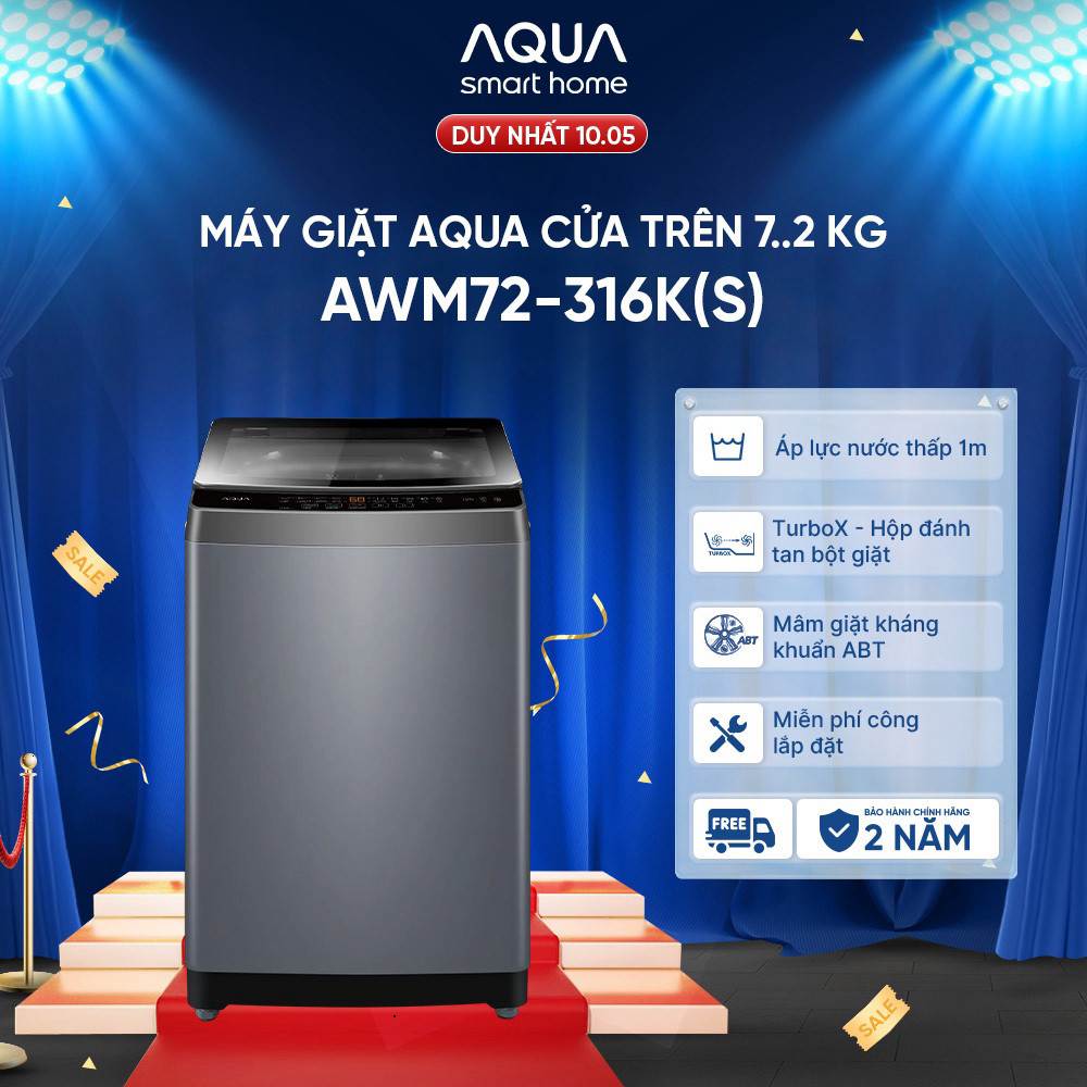 (Miễn Phí giao hàng) [DEAL HOT] Máy giặt Aqua 7.2 kg AWM72-316K(S) - Bảo hành 2 năm - Hỗ trợ lắp đặt