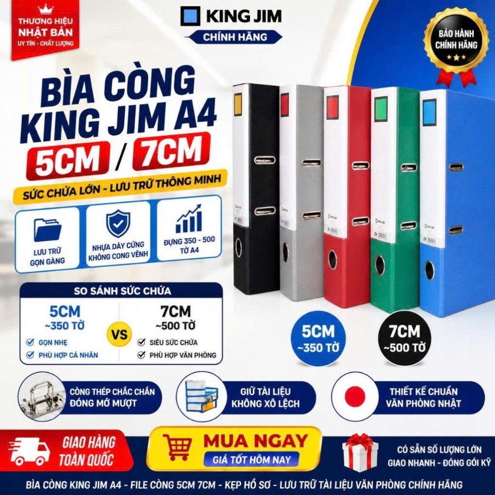 Bìa Còng King Jim A4 5cm/7cm – File Còng 2/3 Lỗ, Kẹp Hồ Sơ Văn Phòng Bền Chắc, Chính Hãng