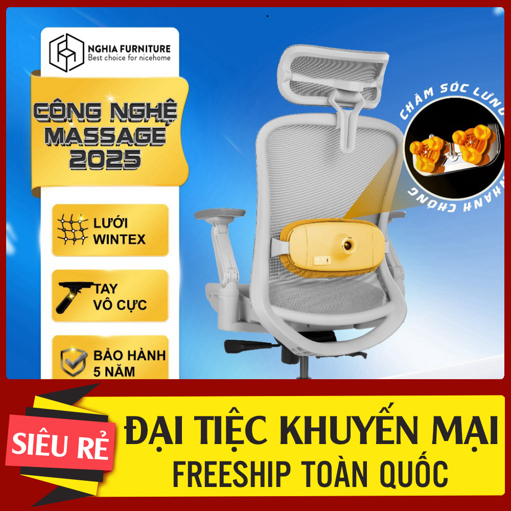 ib nhận mã giảm_ Ghế công thái học Nghia Furniture ErgoMass, Tính năng massage 2 chế độ, ngả ghế 145