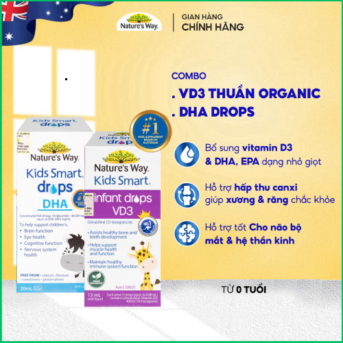 Combo 2 Siro Uống Nature's Way Kids Smart Drops DHA và Infant Drops VD3 organic Bổ Sung Vitamin D Ch