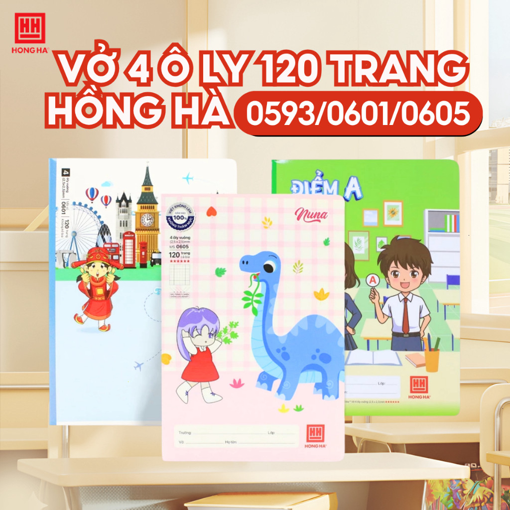 Vở Hồng Hà 4 ô ly 120 trang, định lượng 70gsm/100gsm - 0593/0601/0605