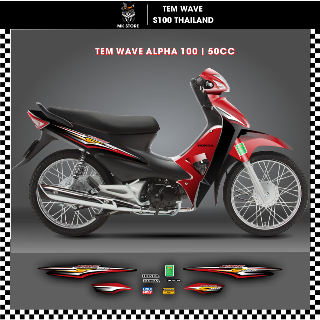 Tem dán Wave S100 Thái Lan cho Wave Alpha 100 và 50cc, nhiều mẫu, 3 lớp chống bay màu