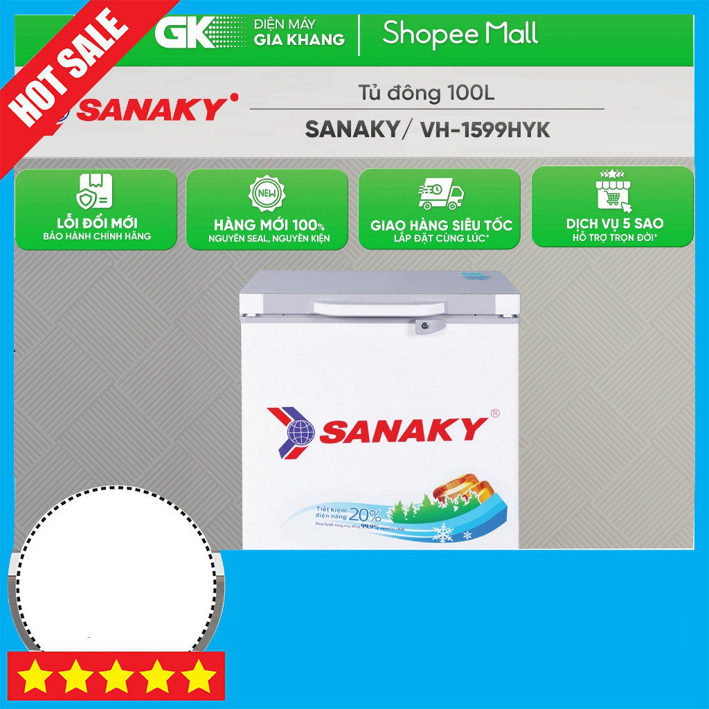 Khuyễn mãi Tủ Đông Sanaky 100 Lít VH-1599HYK Model Mới Kích Cỡ Dày Cao Cấp Miễn phí lắp đặt