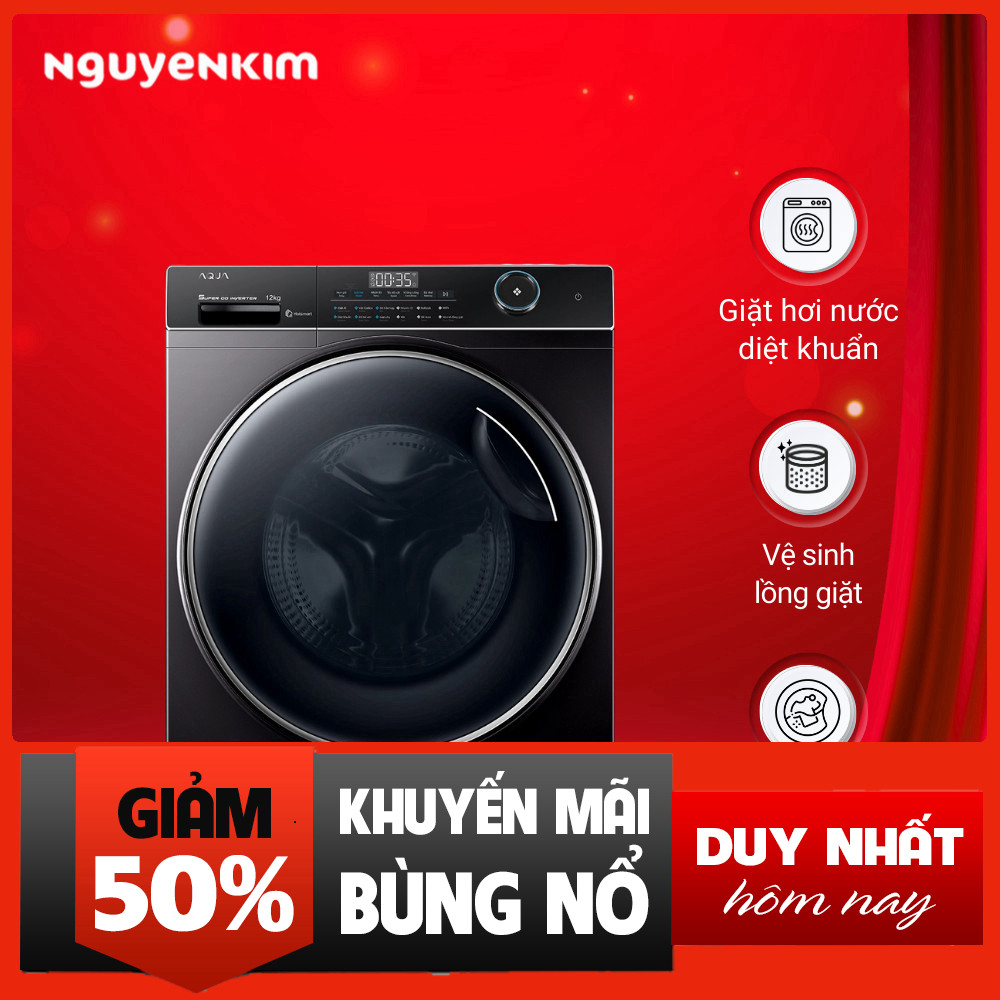 Máy giặt cửa trước Inverter 12 kg Aqua AW12-BP4959U1K Siêu Nấu Mọi Loại Bụi Giặt