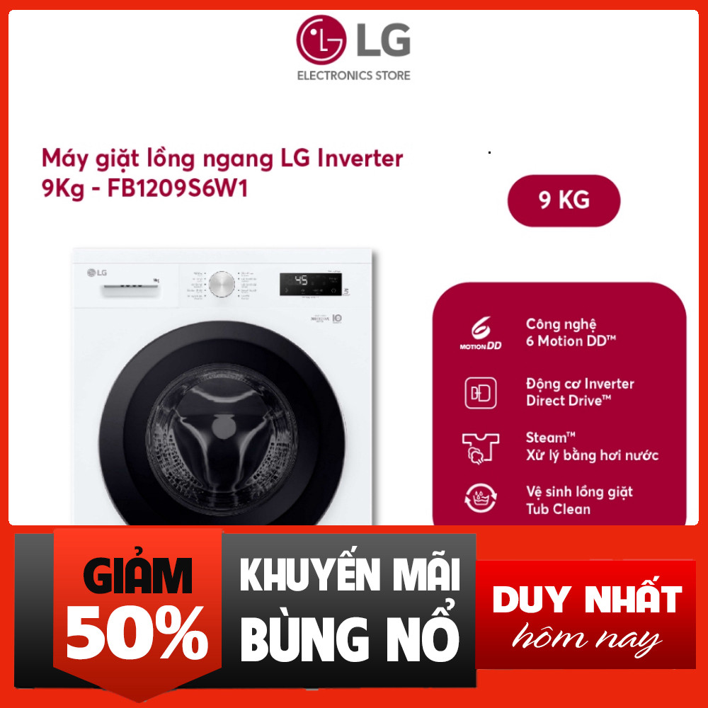 Máy Giặt LG 9kg Inverter FB1209S6W1 Mới Chính Hãng Giao Miễn Phí HN