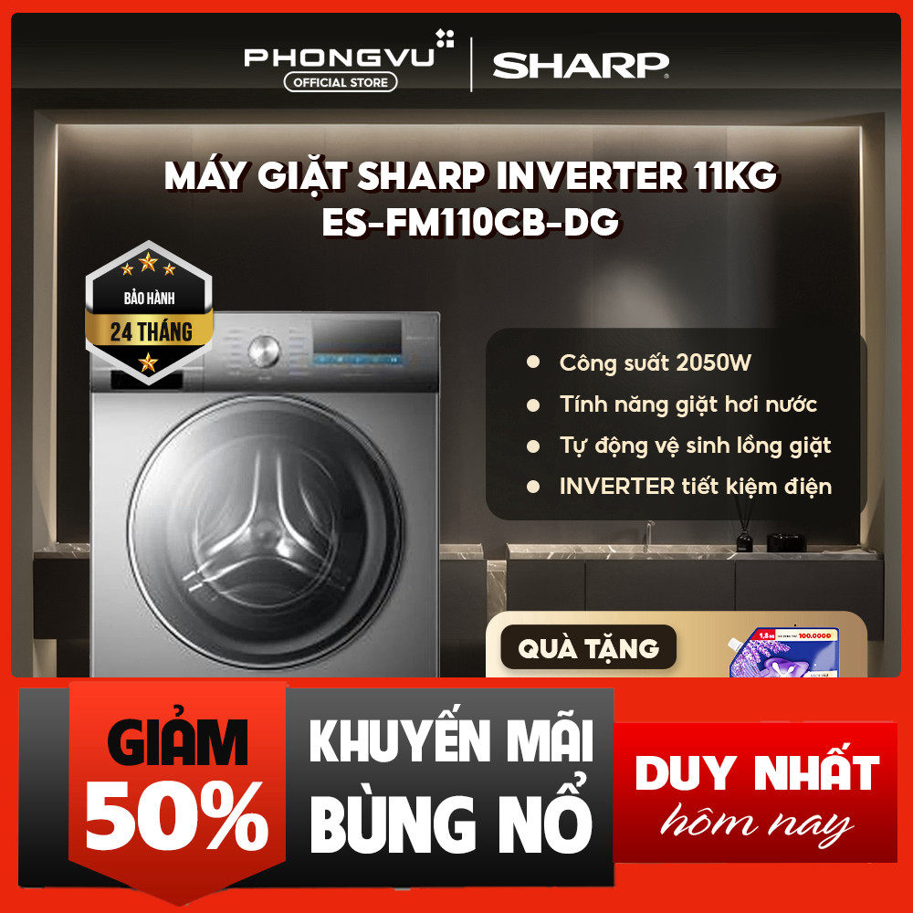 Máy giặt Sharp Inverter 11kg ES-FM110CB-DG, giặt mạnh tiết kiệm điện, lắp đặt 0đ HN HCM