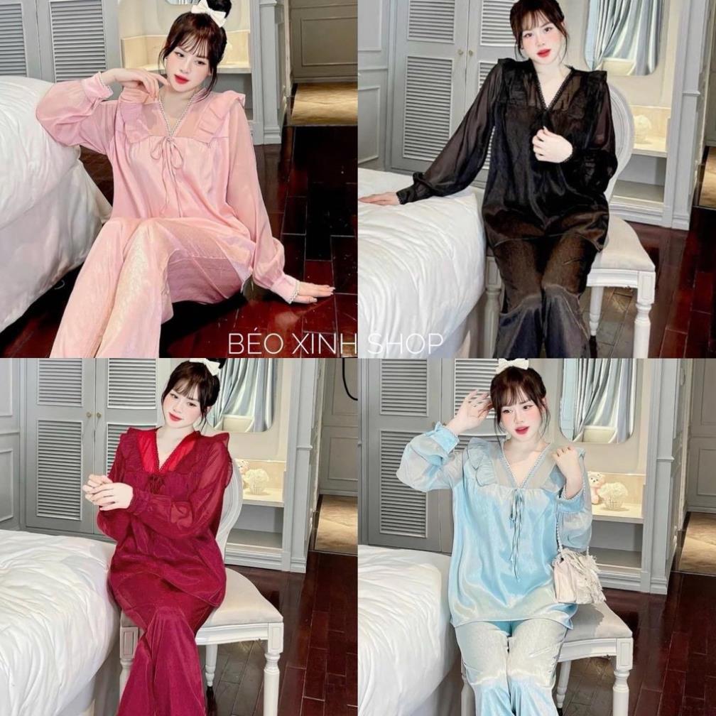 Đồ Bộ - Đồ Ngủ Pijama Bigsize Tay Dài Vải Gấm Xước Phối Voan Cao Cấp Pijama Bigsize 50-100Kg - A.561