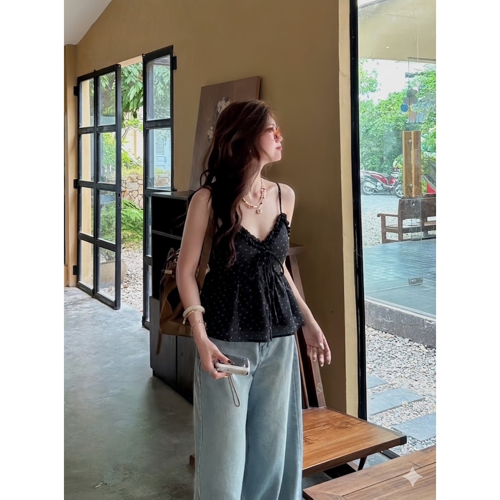 [HÀNG SẴN] Áo hai dây nâu phối bèo đang babydoll style đáng yêu mùa hè  “FOMI TOP” | BigBuy360 - bigbuy360.vn