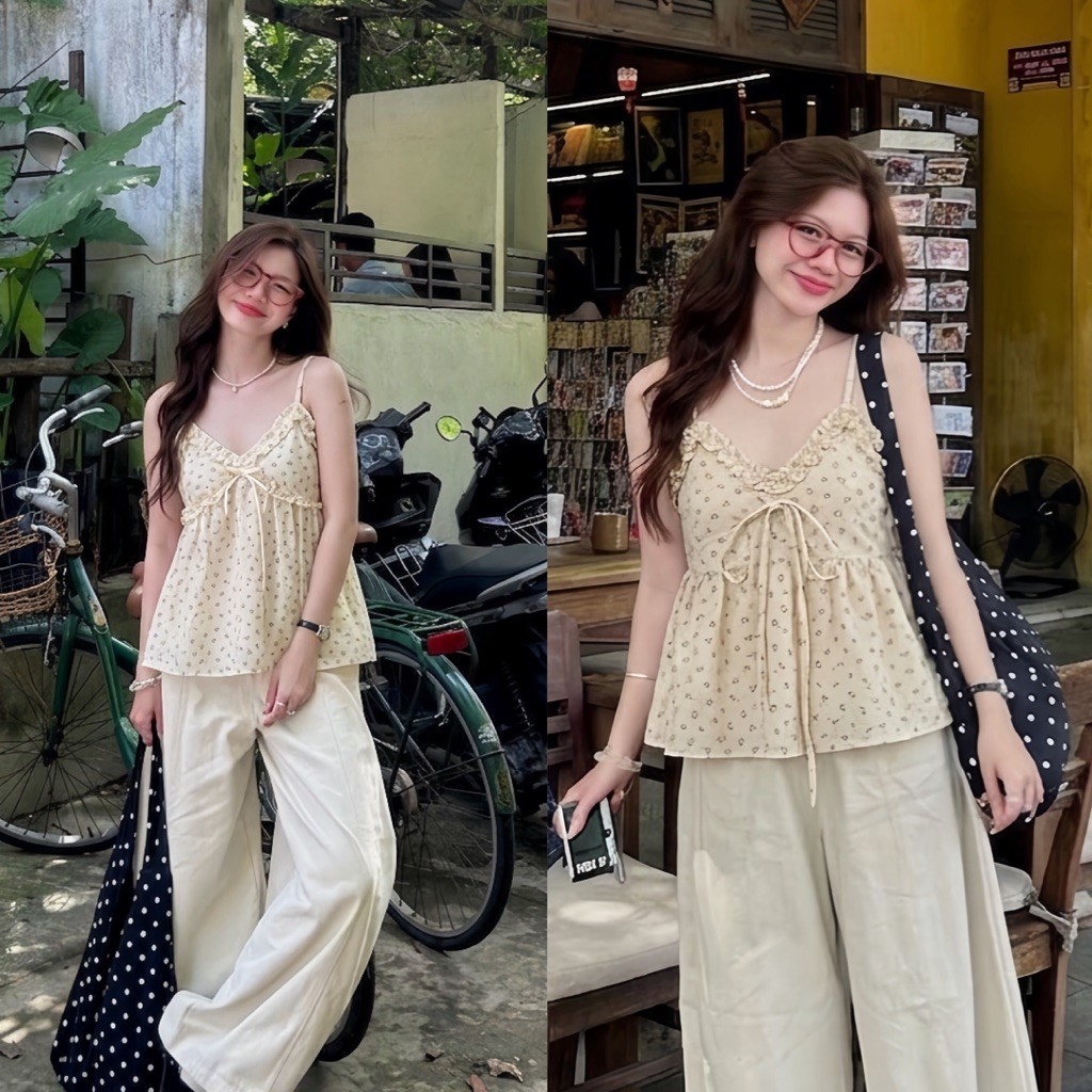 [HÀNG SẴN] Áo hai dây nâu phối bèo đang babydoll style đáng yêu mùa hè  “FOMI TOP” | BigBuy360 - bigbuy360.vn